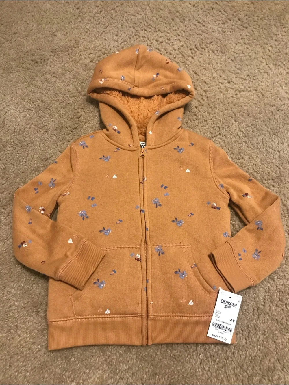 NEW! OshKosh B'gosh Toddler Girls' Tan Floral Fleece Zip Hoodie, Size 4T
